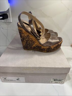 Jimmy Choo Bronze Metallic Floral Cork Wedge Sandals